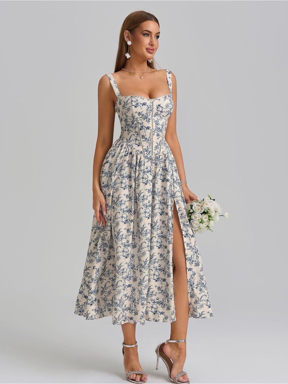 KUTUMAI Floral Corset Midi Dress Flowy Slit Blue Floral Sundress XL